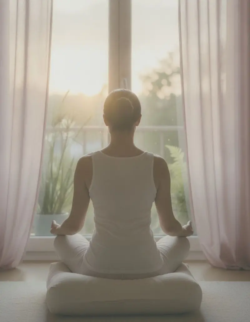 Vrouw in meditatie bij het raam bij zonsopgang